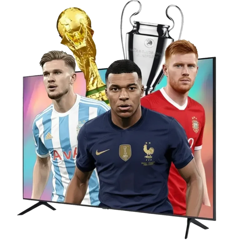 Joueurs de football professionnels devant un écran TV illustrant les grandes compétitions internationales et européennes.