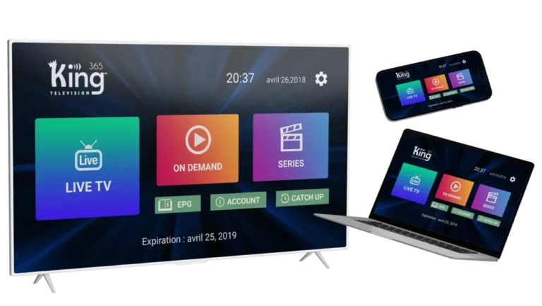 Interface King365 affichée sur TV, ordinateur et smartphone, montrant une utilisation multi-appareils simple et fluide, abonnement king365.
