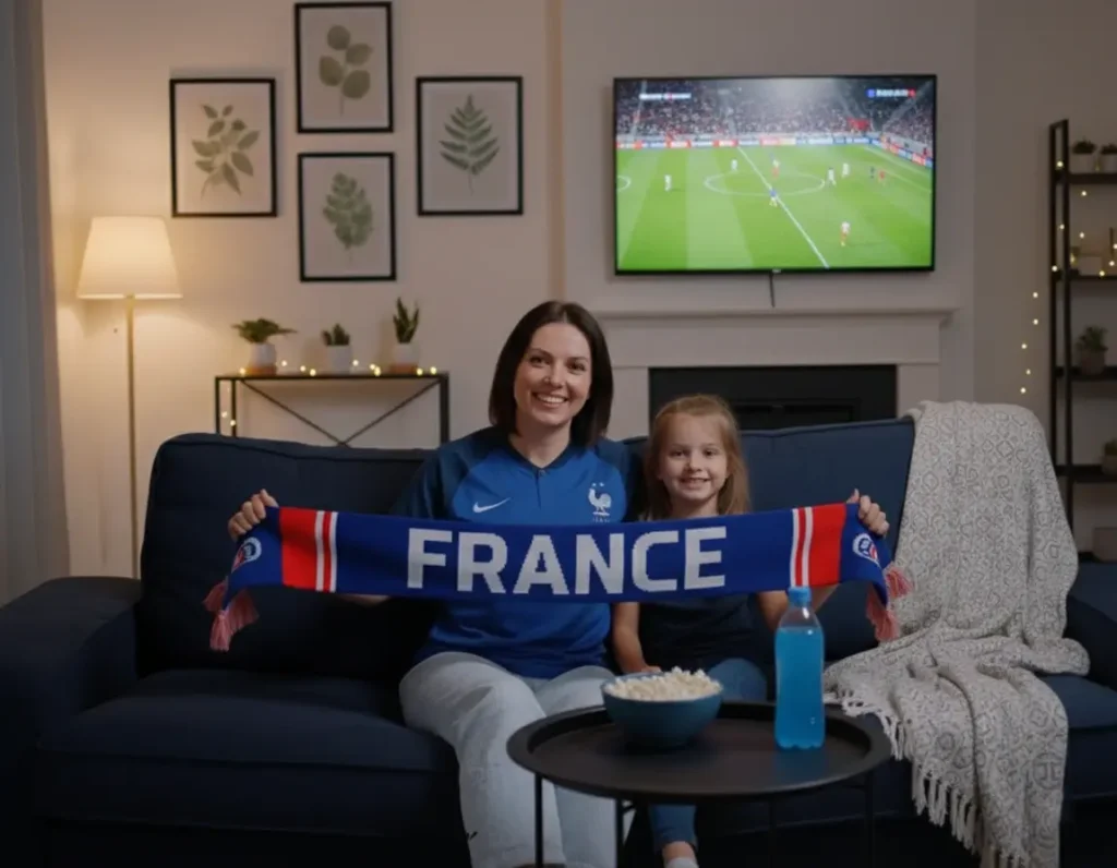 Mère et fille regardant un match en direct à la maison, profitant d’une expérience fluide sur King365 TV avec une ambiance chaleureuse. abonnement king365.