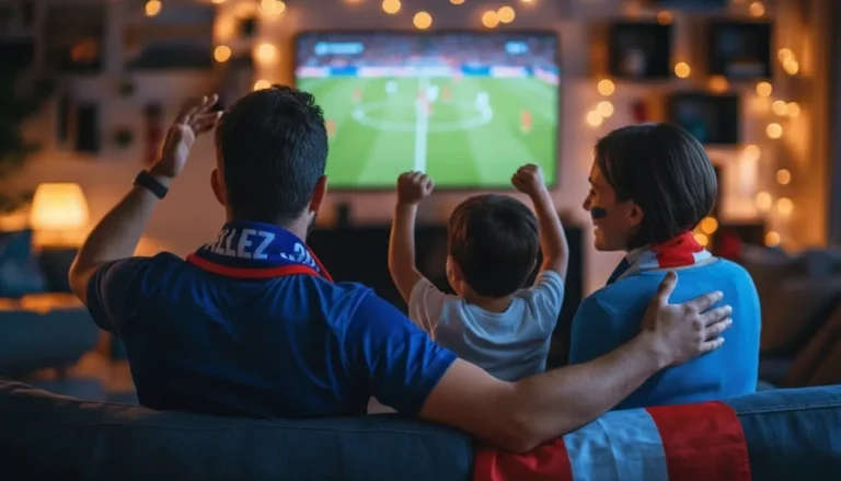 Famille regardant un match en direct sur King365 TV avec une expérience fluide en HD, idéale pour un abonnement King365 et l’application King365 télévision.